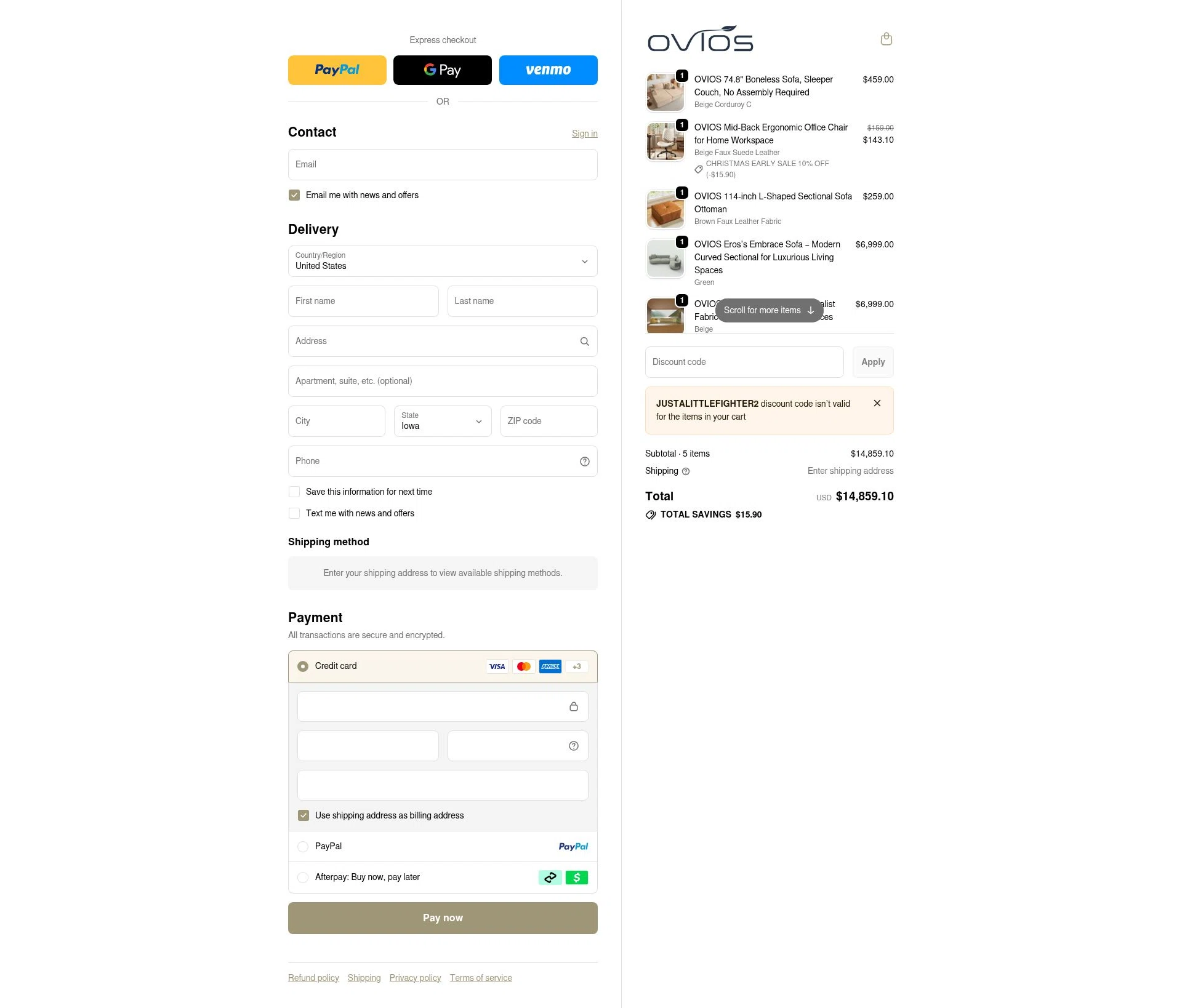 Ovios Furniture checkout page showing Ovios Furniture discount code box | Screenshot taken by SimplyCodes community member on Jan 2, 2026