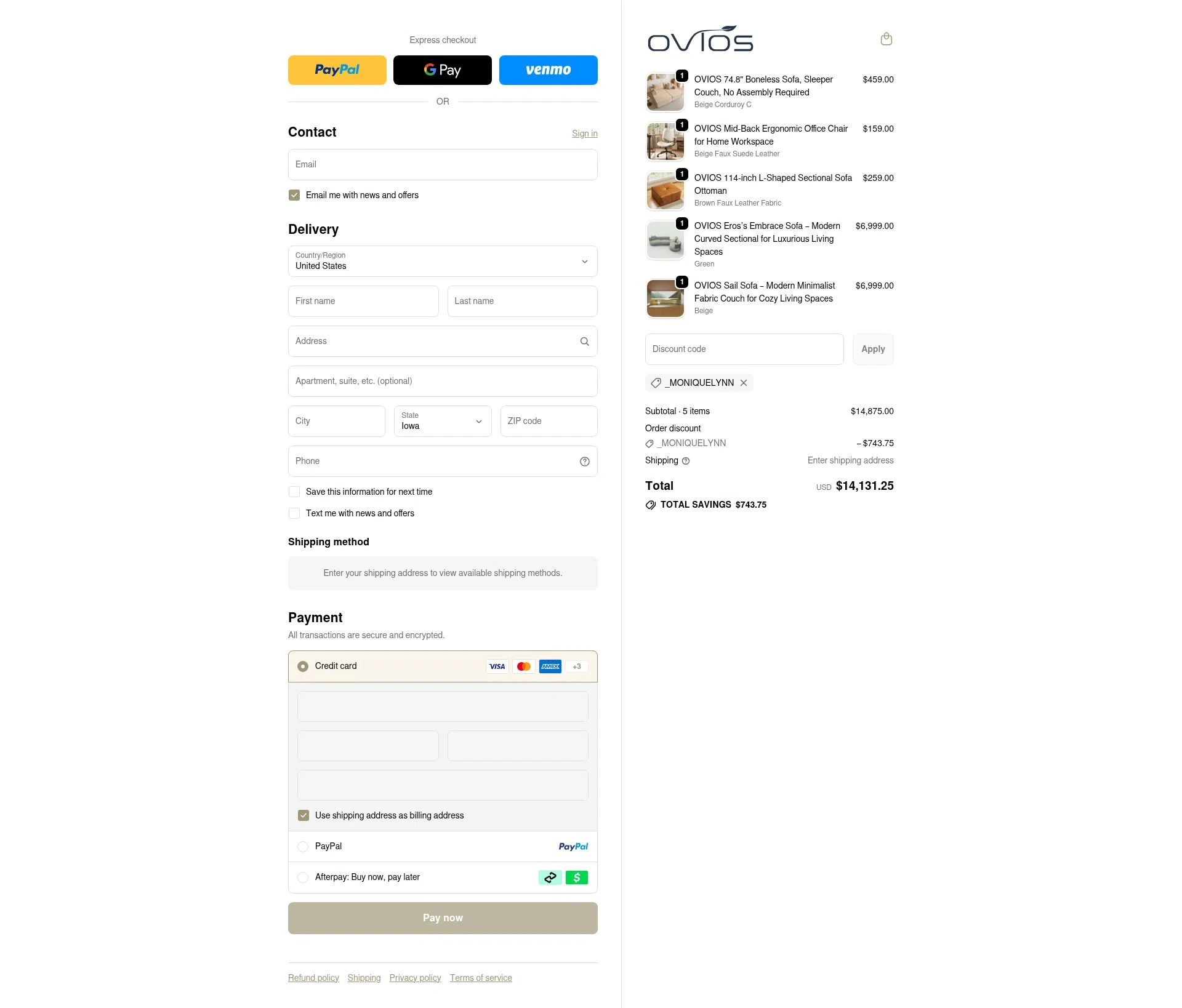 Ovios Furniture checkout page showing Ovios Furniture discount code box | Screenshot taken by SimplyCodes community member on Jan 2, 2026
