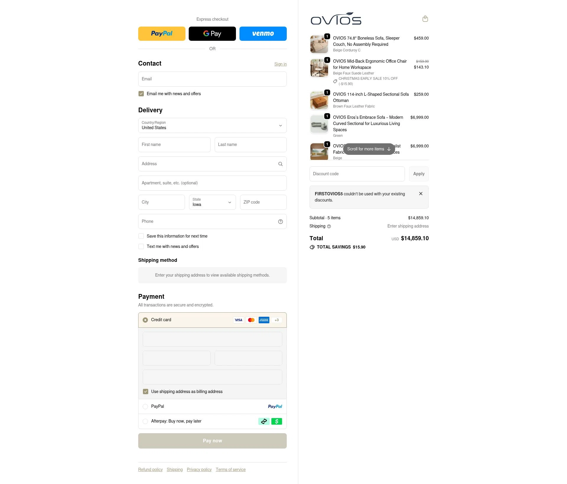 Ovios Furniture checkout page showing Ovios Furniture discount code box | Screenshot taken by SimplyCodes community member on Jan 2, 2026