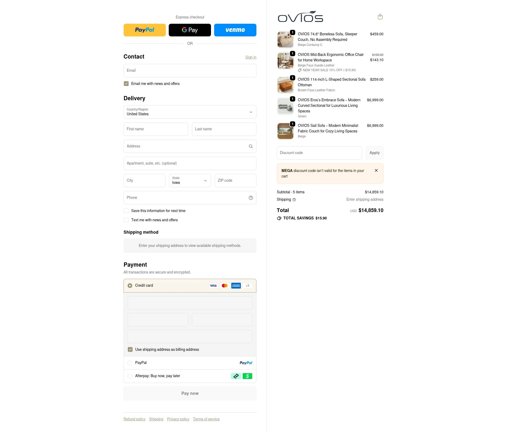 Ovios Furniture checkout page showing Ovios Furniture discount code box | Screenshot taken by SimplyCodes community member on Jan 7, 2026