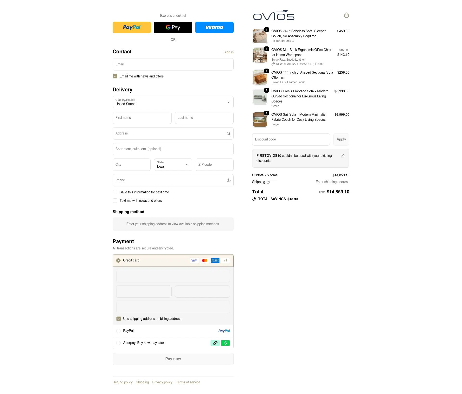 Ovios Furniture checkout page showing Ovios Furniture discount code box | Screenshot taken by SimplyCodes community member on Jan 7, 2026