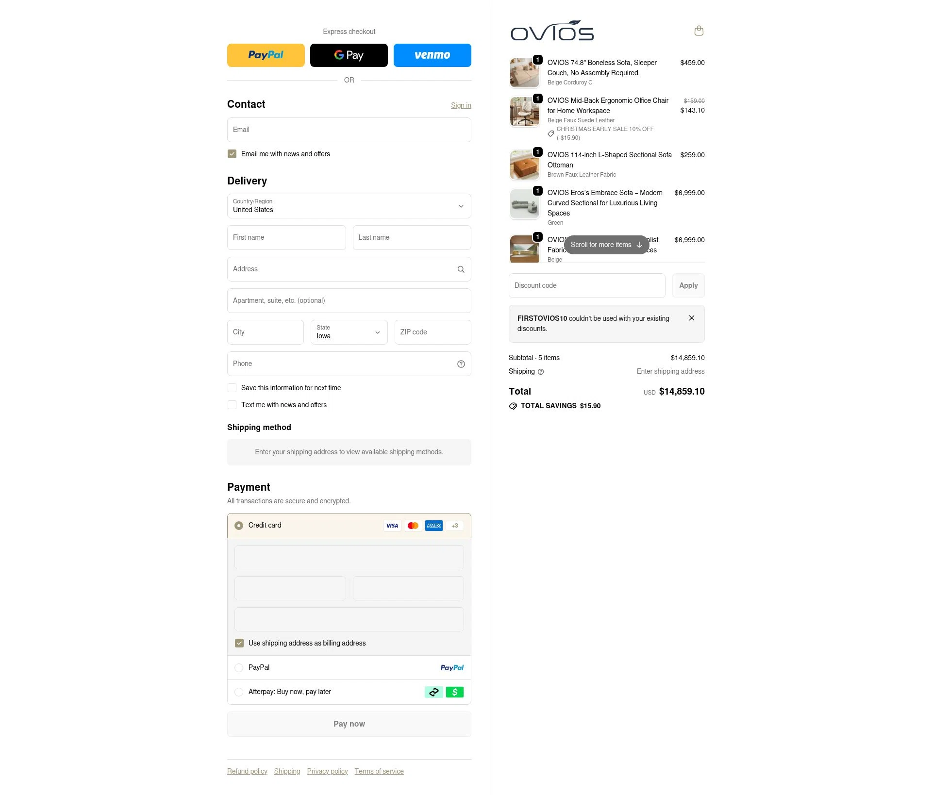 Ovios Furniture checkout page showing Ovios Furniture discount code box | Screenshot taken by SimplyCodes community member on Jan 2, 2026