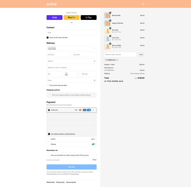 Ovira checkout page showing Ovira coupon code box | Screenshot taken by SimplyCodes community member on Aug 31, 2025