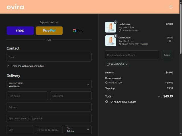 Ovira checkout page showing Ovira coupon code box | Screenshot taken by SimplyCodes community member on Sep 5, 2025