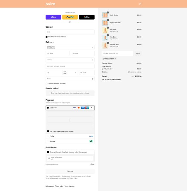 Ovira checkout page showing Ovira coupon code box | Screenshot taken by SimplyCodes community member on Sep 5, 2025