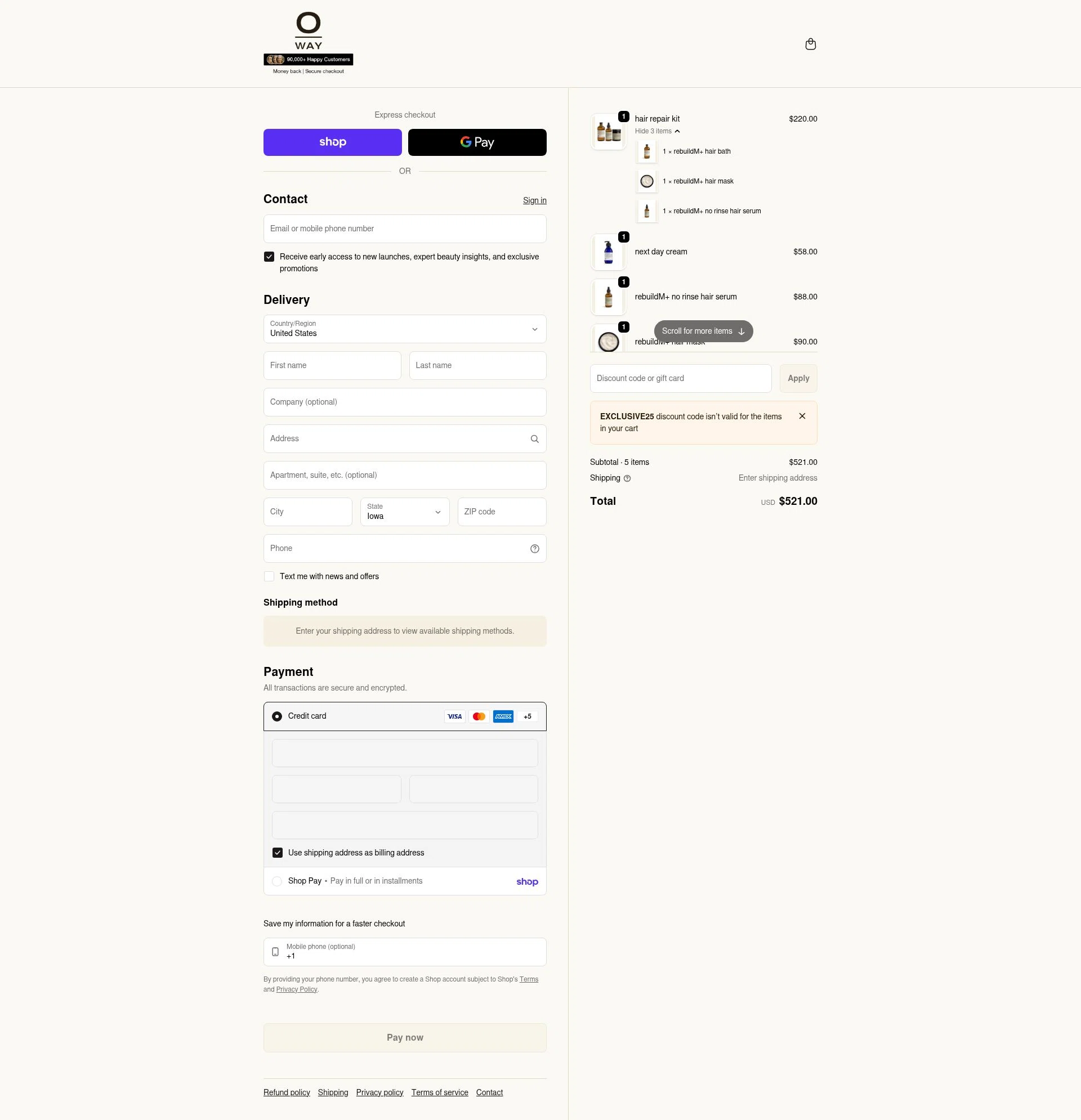 OWAY Organic Way checkout page showing OWAY Organic Way promo code box | Screenshot taken by SimplyCodes community member on Feb 20, 2026