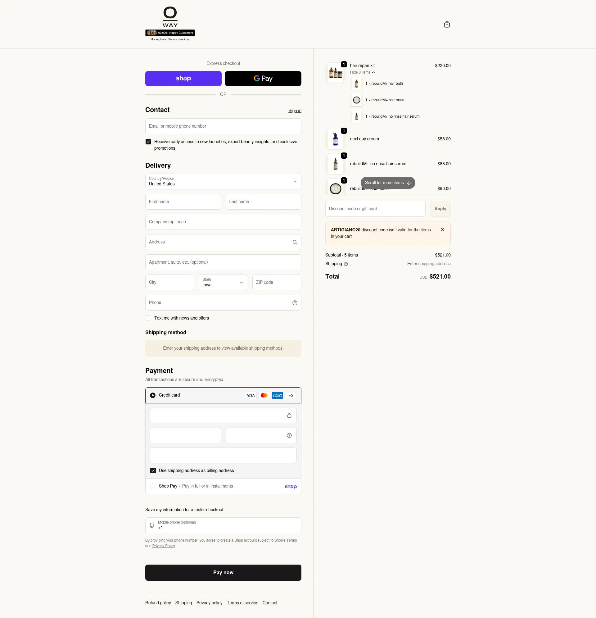 OWAY Organic Way checkout page showing OWAY Organic Way promo code box | Screenshot taken by SimplyCodes community member on Feb 20, 2026