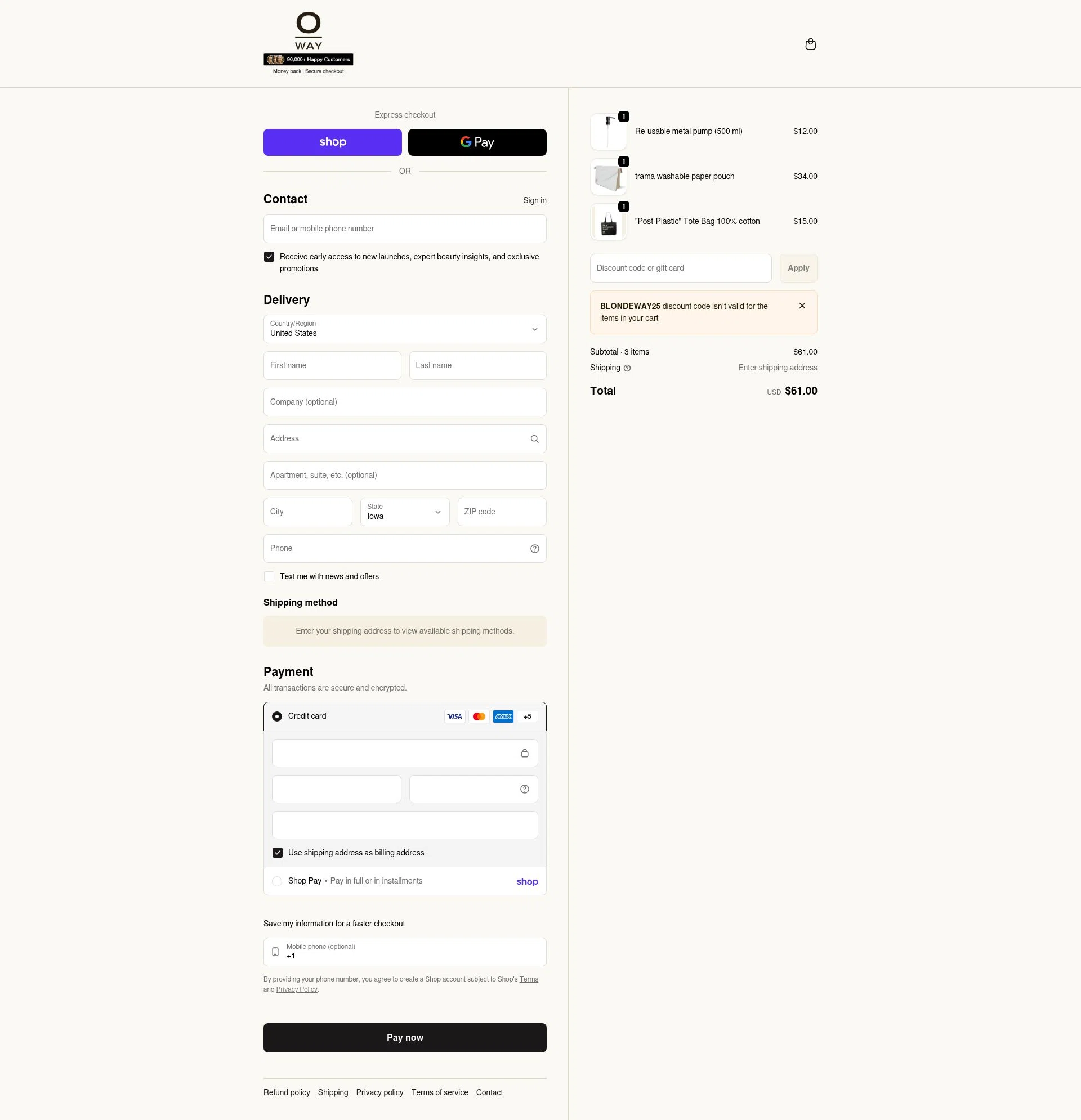 OWAY Organic Way checkout page showing OWAY Organic Way promo code box | Screenshot taken by SimplyCodes community member on Feb 11, 2026