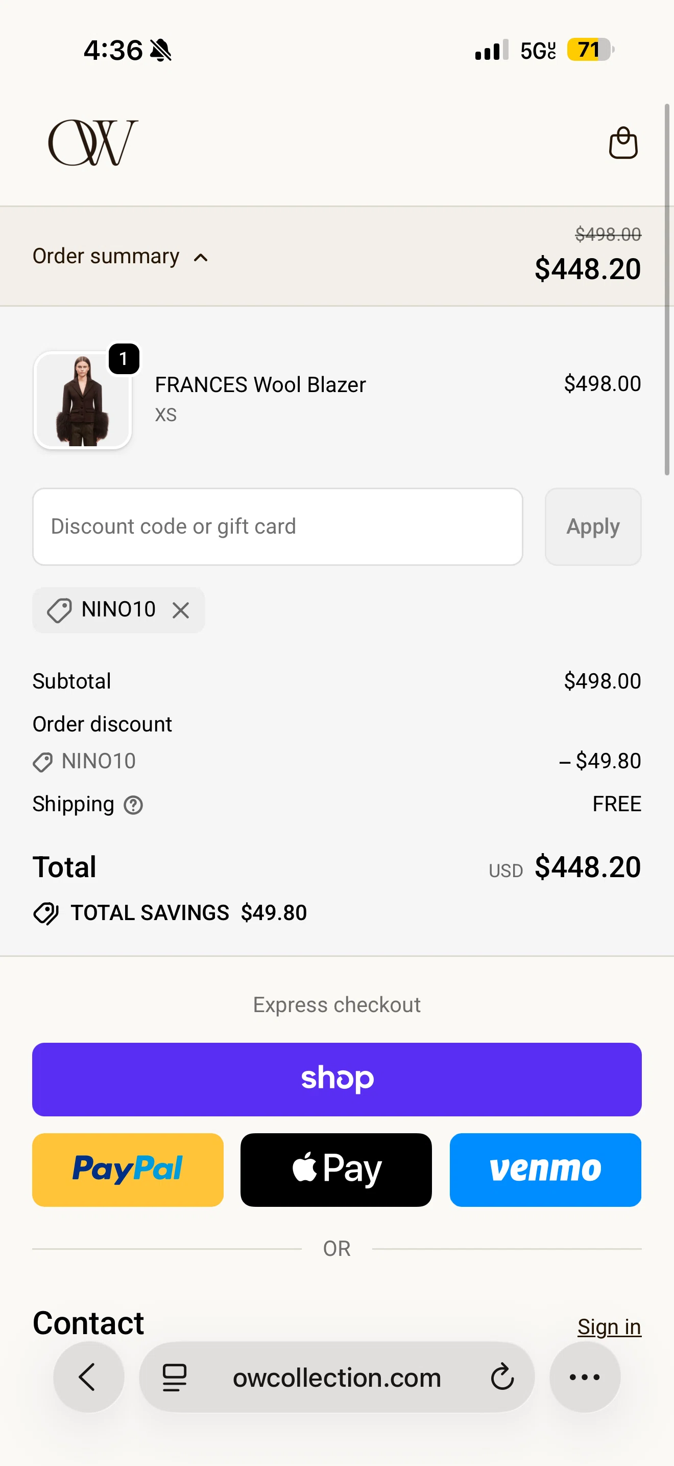 OW Collection promo code screenshot showing code NINO10 applied at OW Collection checkout page. Uploaded by SimplyCodes community member Couponista88557 on Oct 29, 2025