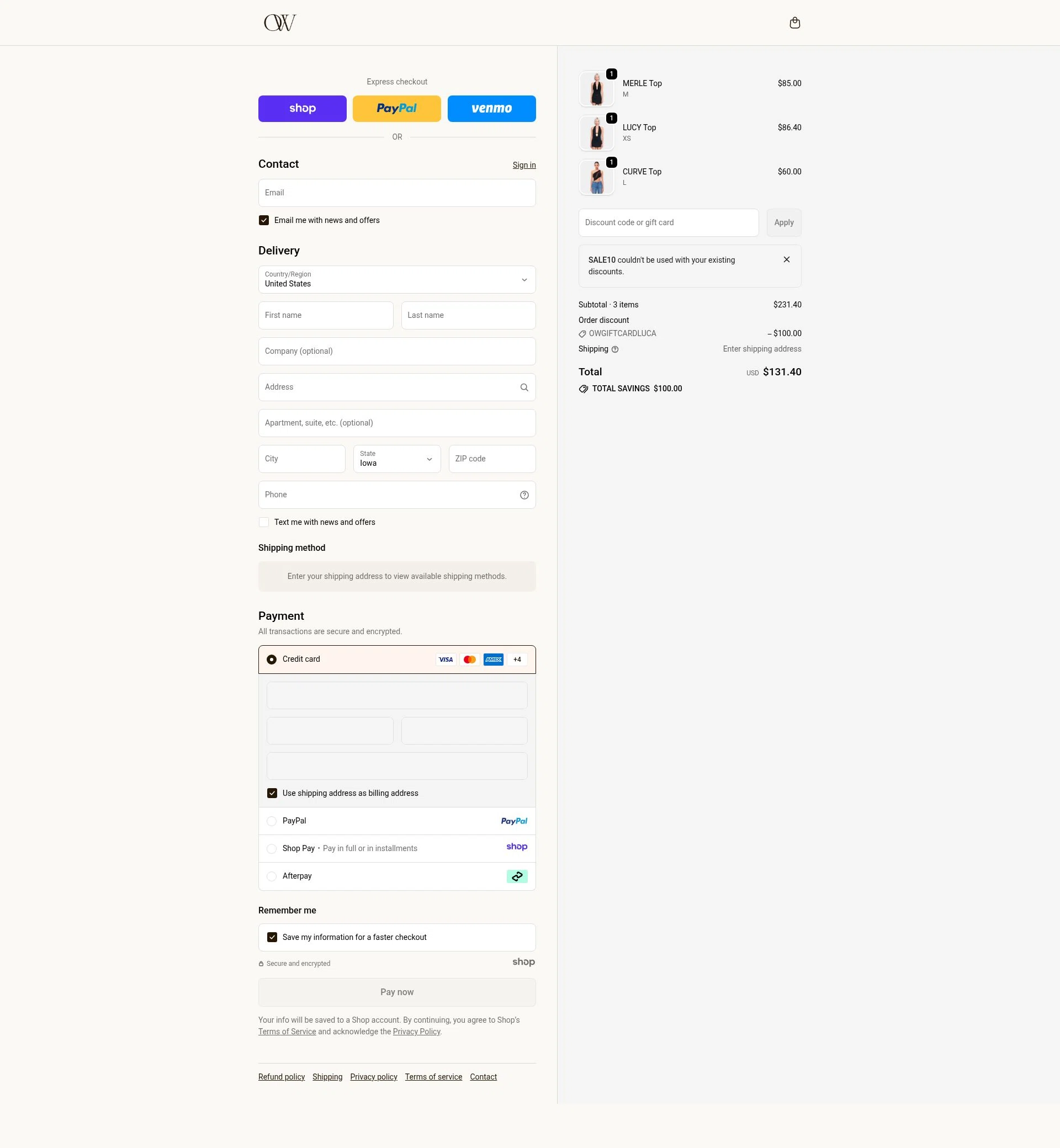 OW Collection checkout page showing OW Collection promo code box | Screenshot taken by SimplyCodes community member on Dec 17, 2025