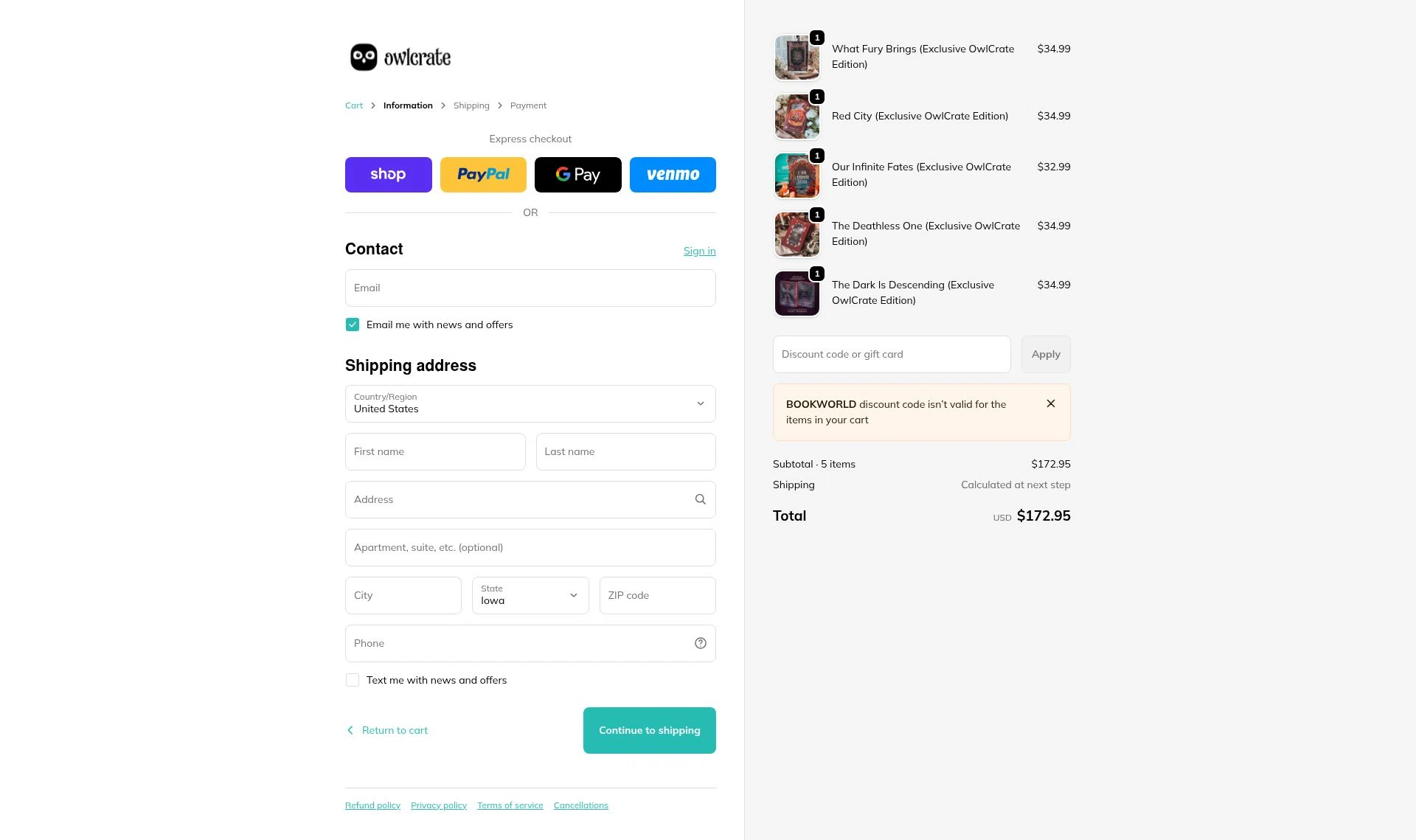 Owl Crate checkout page showing Owl Crate discount code box | Screenshot taken by SimplyCodes community member on Feb 7, 2026
