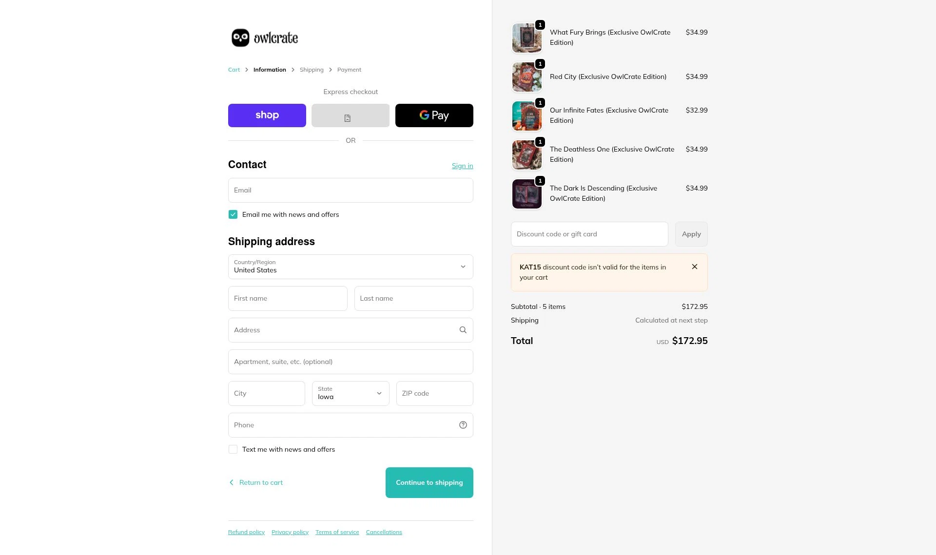 Owl Crate checkout page showing Owl Crate discount code box | Screenshot taken by SimplyCodes community member on Feb 7, 2026
