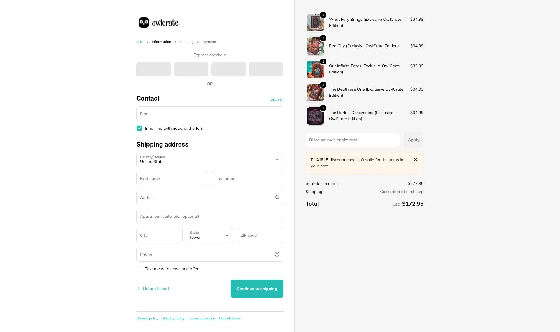 Owl Crate checkout page showing Owl Crate discount code box | Screenshot taken by SimplyCodes community member on Feb 7, 2026