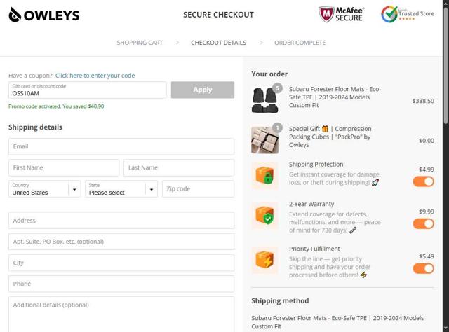 Owleys checkout page showing Owleys coupon code box | Screenshot taken by SimplyCodes community member on Aug 25, 2025