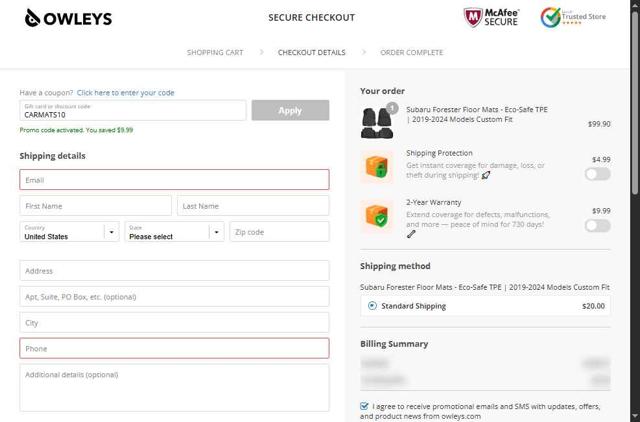 Owleys checkout page showing Owleys coupon code box | Screenshot taken by SimplyCodes community member on Jul 30, 2025