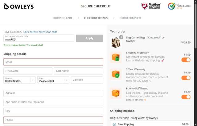 Owleys checkout page showing Owleys coupon code box | Screenshot taken by SimplyCodes community member on Jul 30, 2025