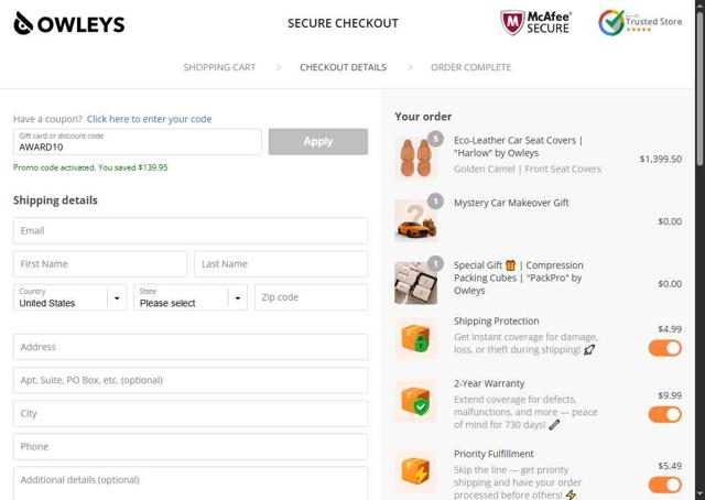 Owleys checkout page showing Owleys coupon code box | Screenshot taken by SimplyCodes community member on Aug 25, 2025