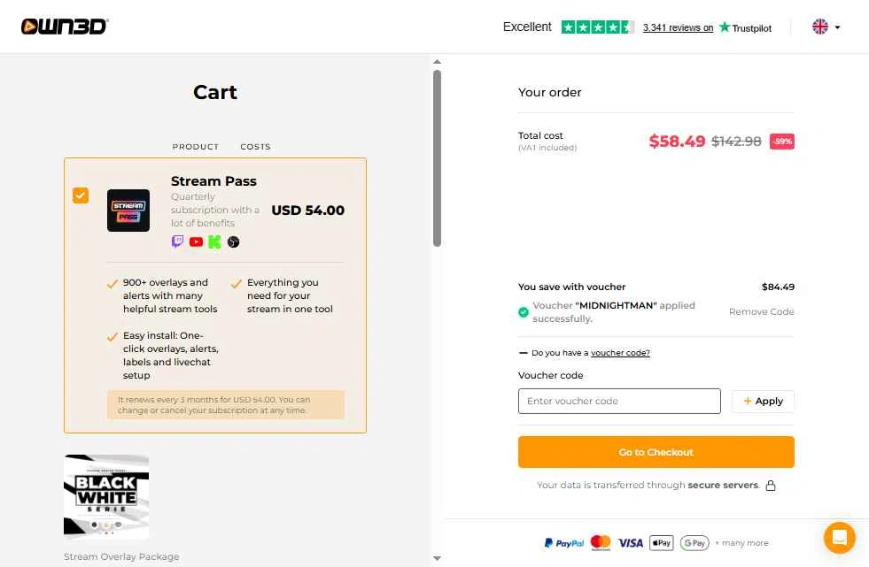 OWN3D checkout page showing OWN3D promo code box | Screenshot taken by SimplyCodes community member on Sep 6, 2025