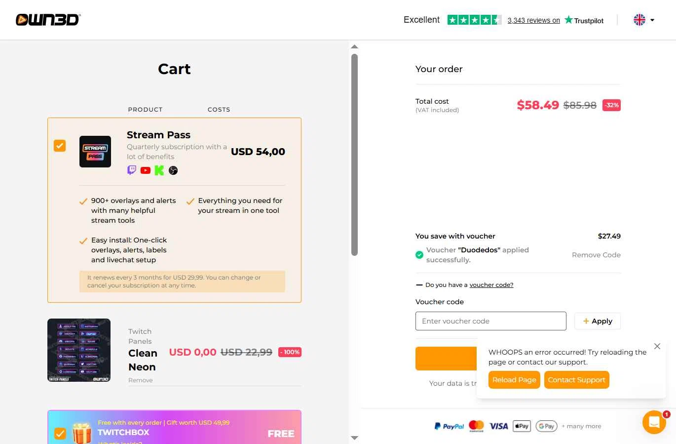 OWN3D checkout page showing OWN3D promo code box | Screenshot taken by SimplyCodes community member on Sep 20, 2025