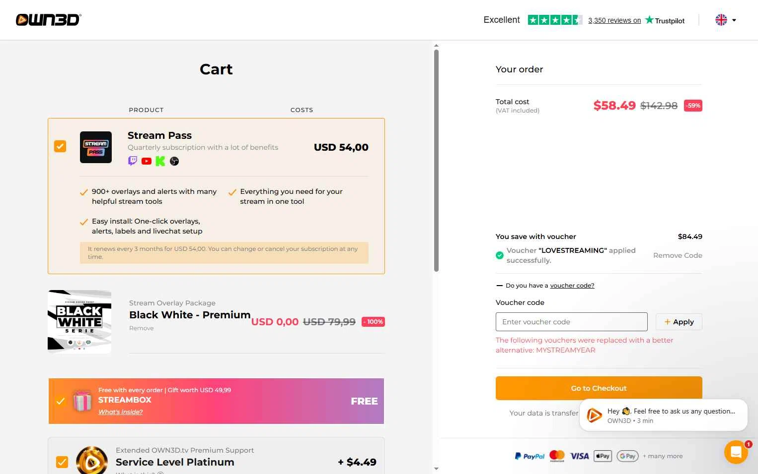 OWN3D checkout page showing OWN3D promo code box | Screenshot taken by SimplyCodes community member on Jan 14, 2026
