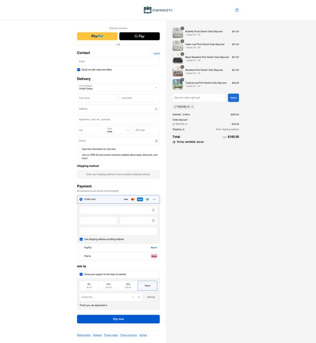 Ownkoti checkout page showing Ownkoti discount code box | Screenshot taken by SimplyCodes community member on Sep 2, 2025