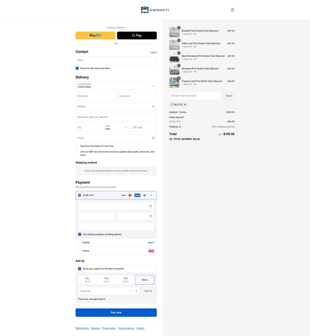 Ownkoti checkout page showing Ownkoti discount code box | Screenshot taken by SimplyCodes community member on Sep 2, 2025