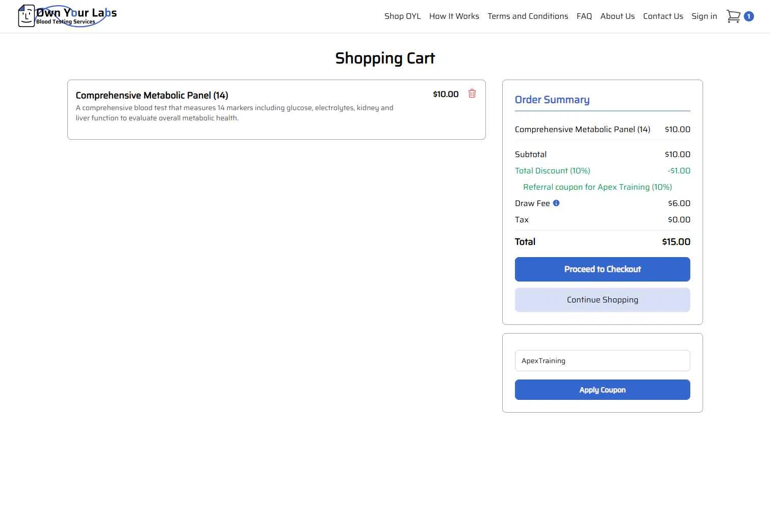 Own Your Labs checkout page showing Own Your Labs coupon code box | Screenshot taken by SimplyCodes community member on Jan 15, 2026