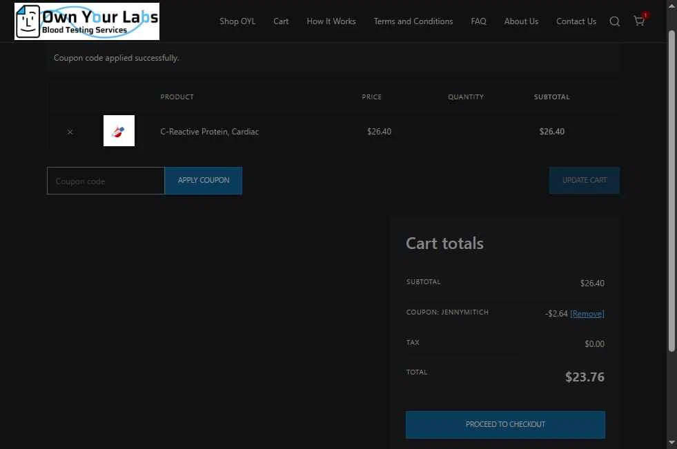 Own Your Labs checkout page showing Own Your Labs coupon code box | Screenshot taken by SimplyCodes community member on Jul 29, 2025