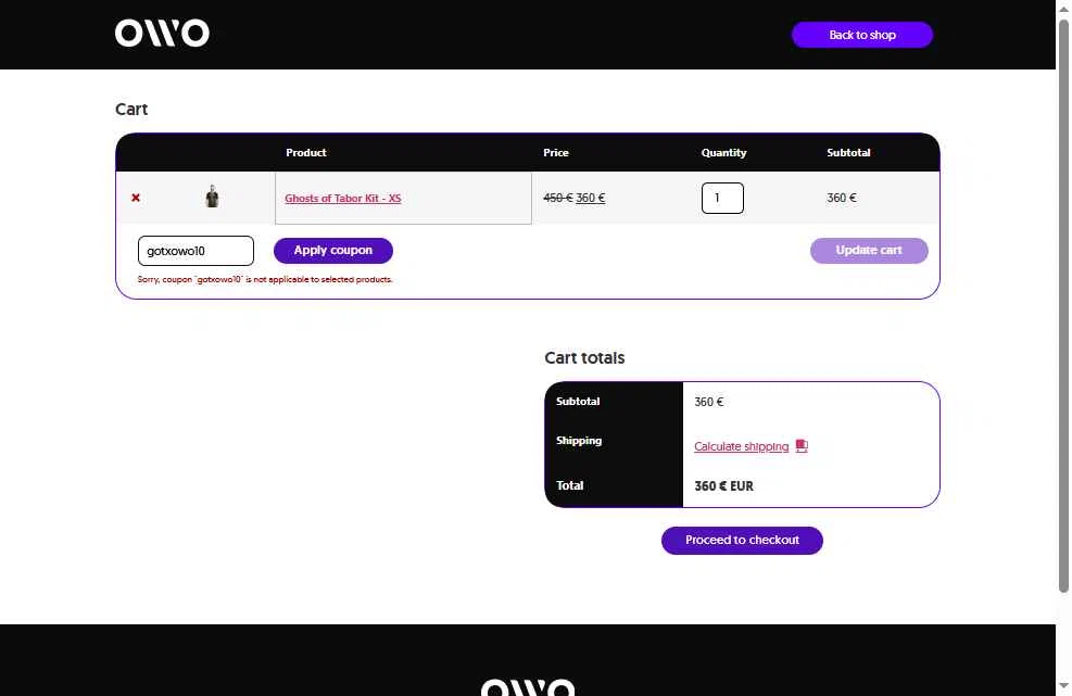 OWO checkout page showing OWO promo code box | Screenshot taken by SimplyCodes community member on Aug 5, 2025