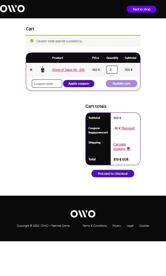 OWO checkout page showing OWO promo code box | Screenshot taken by SimplyCodes community member on May 25, 2025