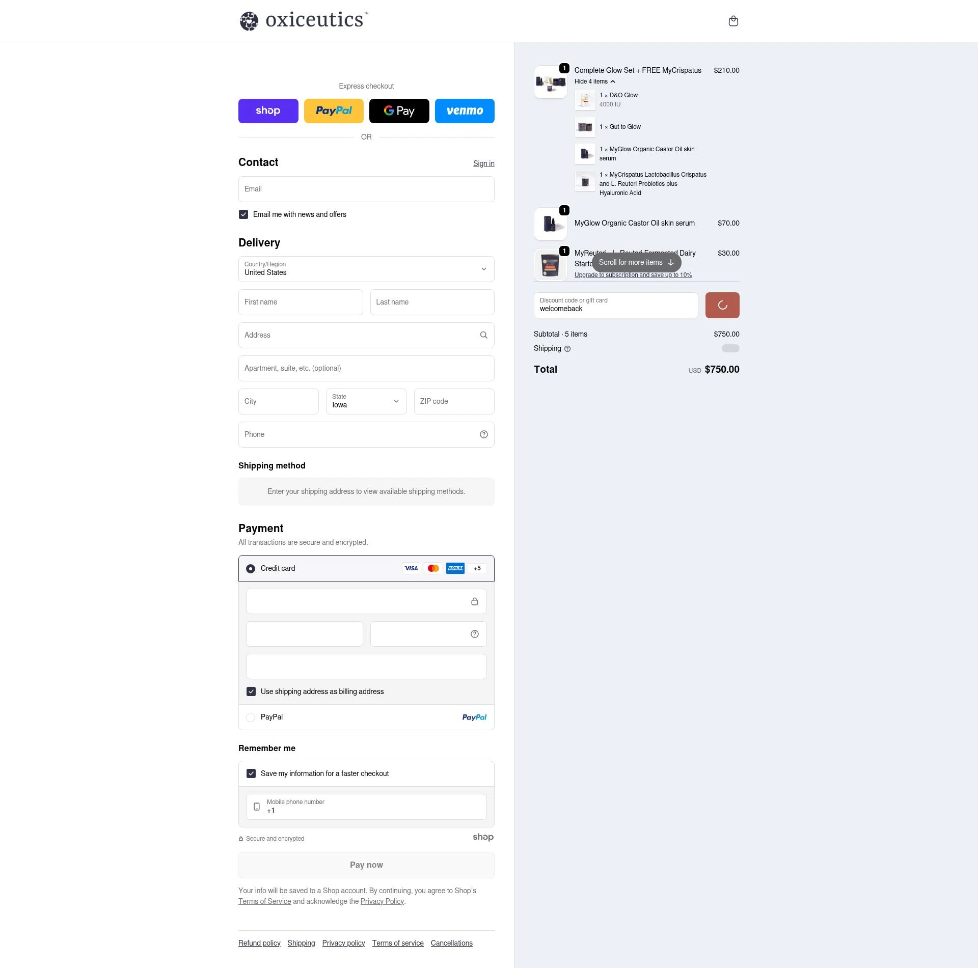 Oxiceutics checkout page showing Oxiceutics coupon code box | Screenshot taken by SimplyCodes community member on Jan 13, 2026