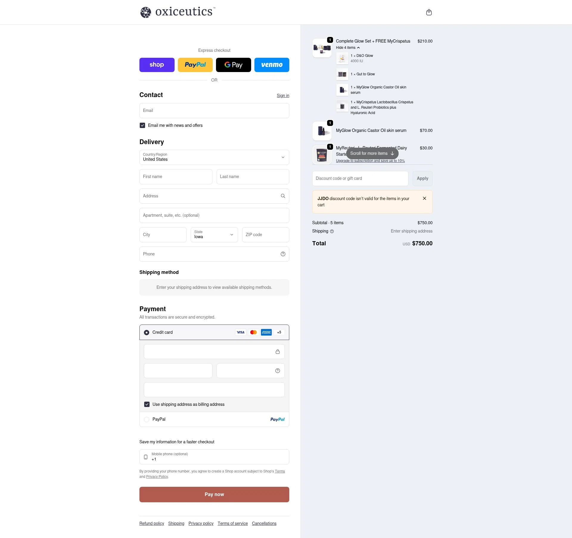 Oxiceutics checkout page showing Oxiceutics coupon code box | Screenshot taken by SimplyCodes community member on Jan 8, 2026