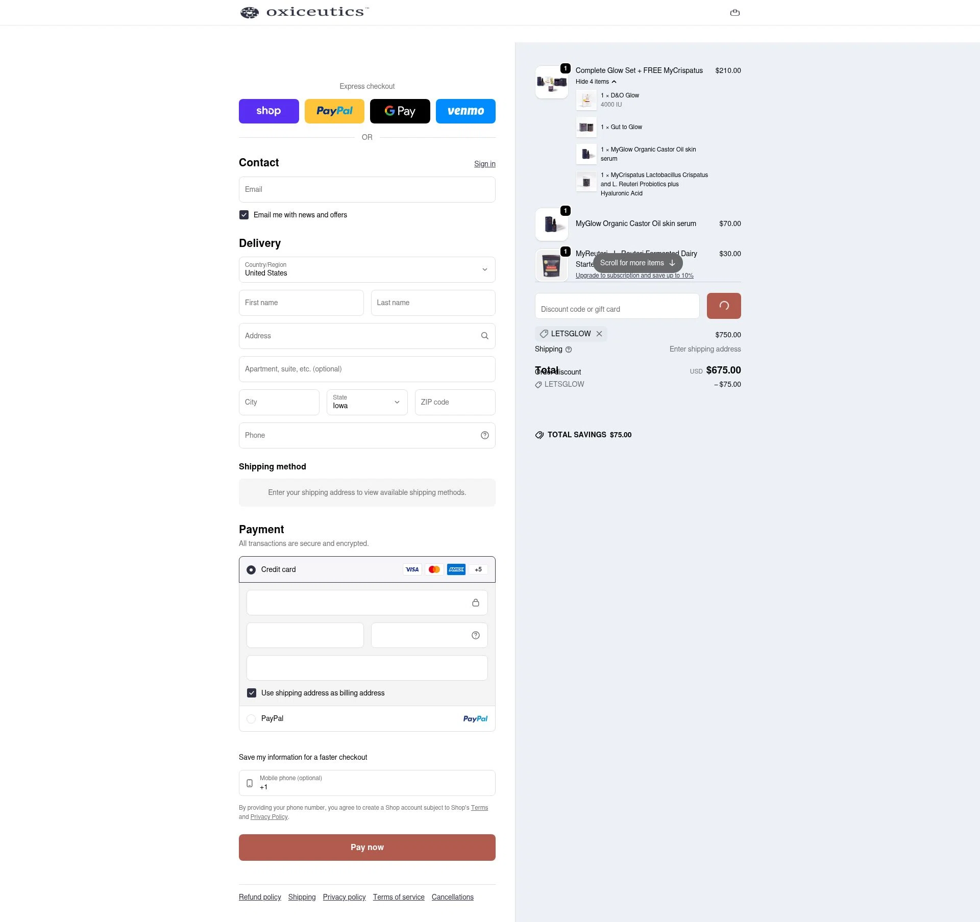 Oxiceutics checkout page showing Oxiceutics coupon code box | Screenshot taken by SimplyCodes community member on Jan 8, 2026