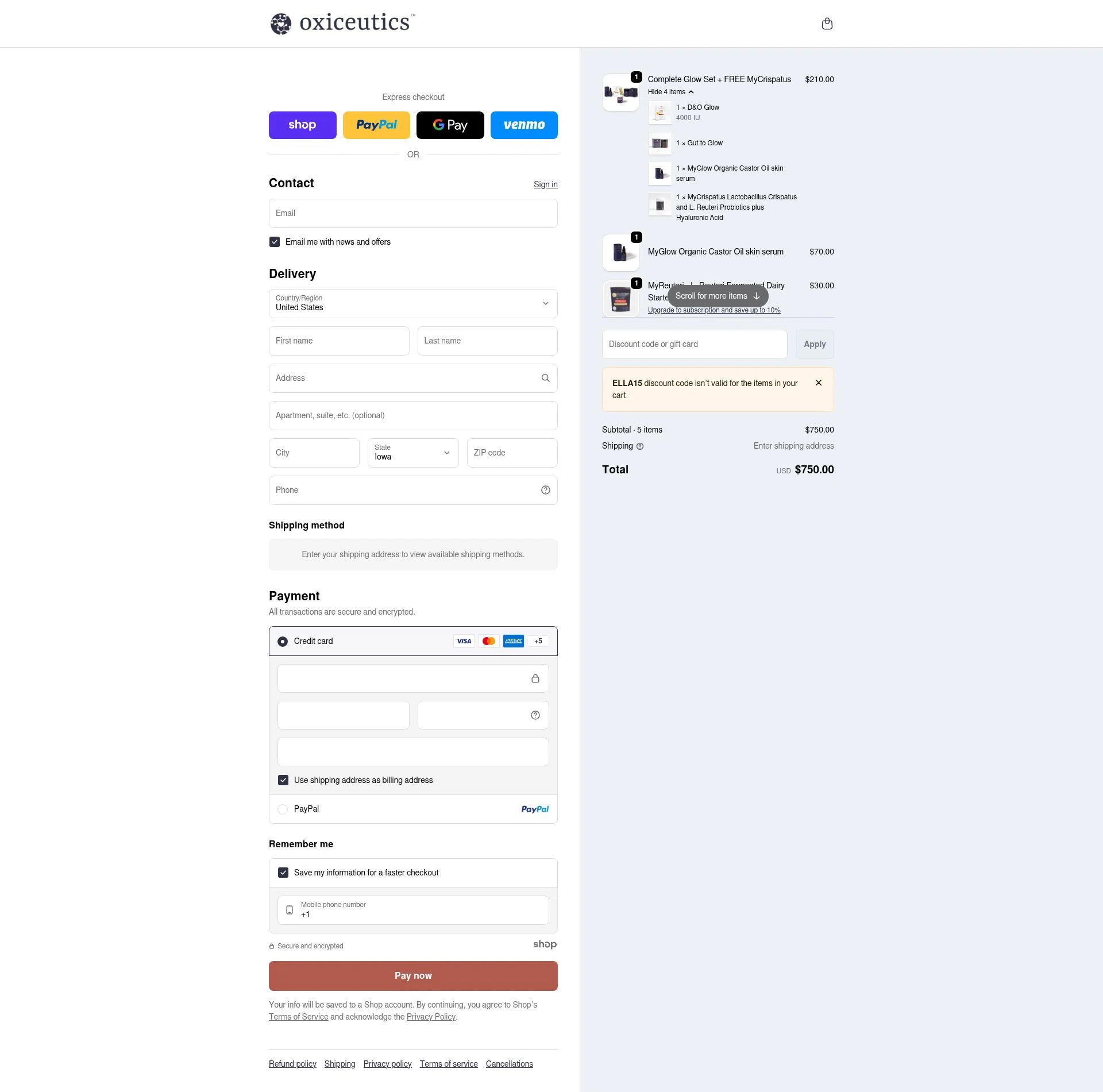 Oxiceutics checkout page showing Oxiceutics coupon code box | Screenshot taken by SimplyCodes community member on Jan 13, 2026