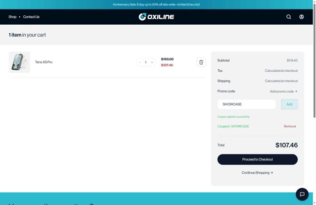 Oxiline checkout page showing Oxiline coupon code box | Screenshot taken by SimplyCodes community member on Aug 17, 2025