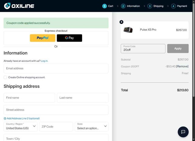 Oxiline checkout page showing Oxiline coupon code box | Screenshot taken by SimplyCodes community member on Jul 31, 2025