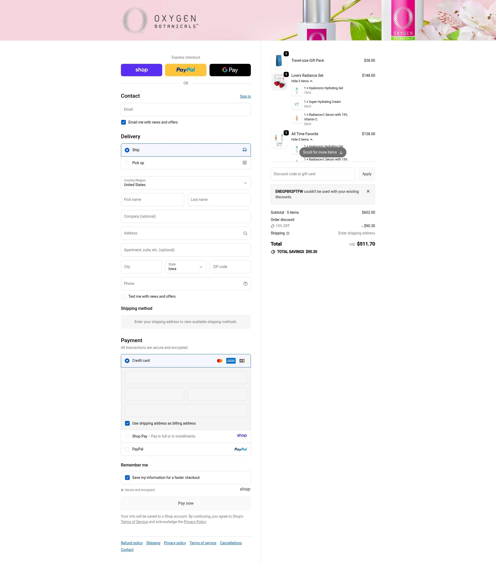 Oxygen Botanicals checkout page showing Oxygen Botanicals promo code box | Screenshot taken by SimplyCodes community member on Dec 29, 2025