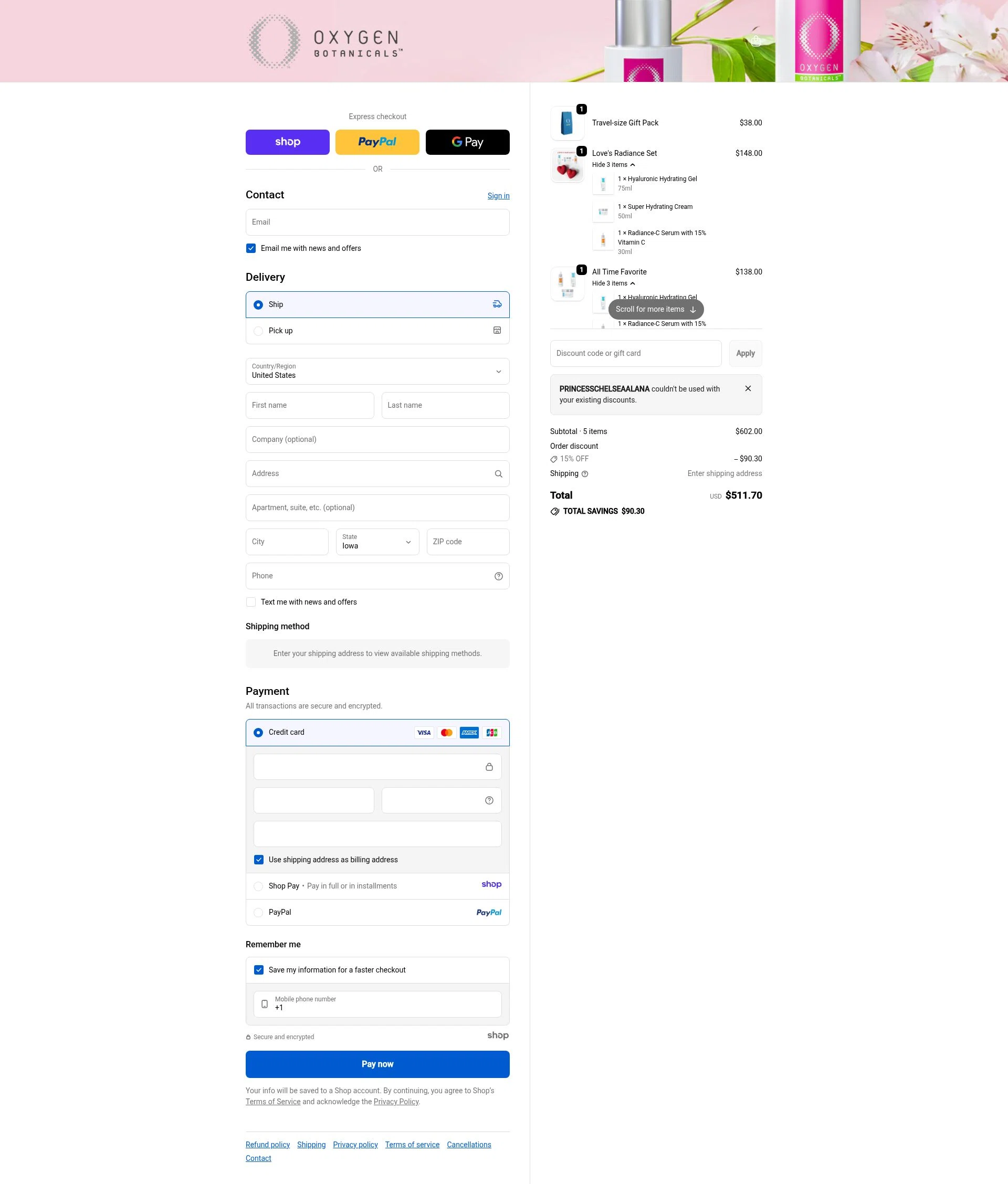 Oxygen Botanicals checkout page showing Oxygen Botanicals promo code box | Screenshot taken by SimplyCodes community member on Dec 29, 2025