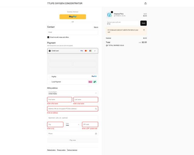 TTLife Oxygen Concentrator checkout page showing TTLife Oxygen Concentrator promo code box | Screenshot taken by SimplyCodes community member on Oct 6, 2025