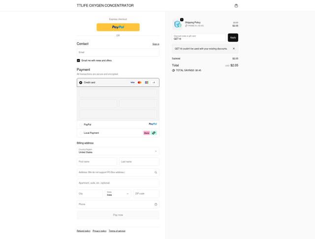 TTLife Oxygen Concentrator checkout page showing TTLife Oxygen Concentrator promo code box | Screenshot taken by SimplyCodes community member on Oct 6, 2025