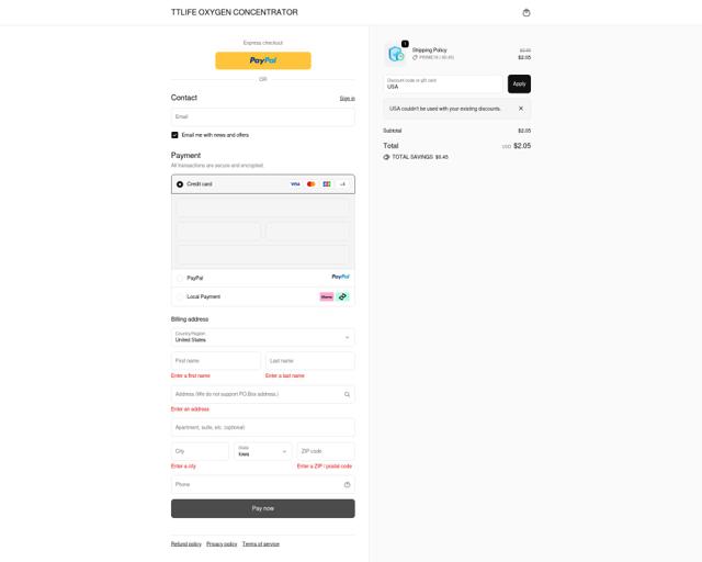 TTLife Oxygen Concentrator checkout page showing TTLife Oxygen Concentrator promo code box | Screenshot taken by SimplyCodes community member on Oct 6, 2025