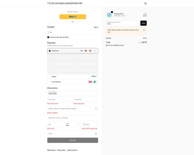 TTLife Oxygen Concentrator checkout page showing TTLife Oxygen Concentrator promo code box | Screenshot taken by SimplyCodes community member on Oct 6, 2025