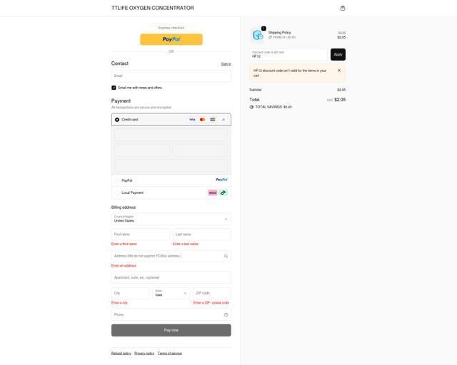 TTLife Oxygen Concentrator checkout page showing TTLife Oxygen Concentrator promo code box | Screenshot taken by SimplyCodes community member on Oct 6, 2025
