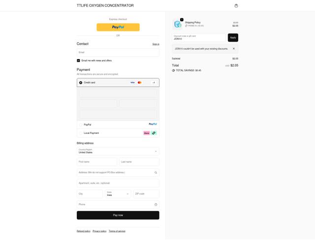 TTLife Oxygen Concentrator checkout page showing TTLife Oxygen Concentrator promo code box | Screenshot taken by SimplyCodes community member on Oct 6, 2025