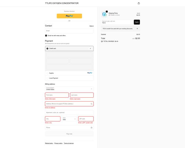 TTLife Oxygen Concentrator checkout page showing TTLife Oxygen Concentrator promo code box | Screenshot taken by SimplyCodes community member on Oct 6, 2025