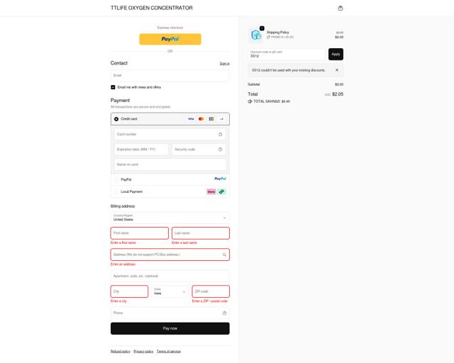 TTLife Oxygen Concentrator checkout page showing TTLife Oxygen Concentrator promo code box | Screenshot taken by SimplyCodes community member on Oct 6, 2025