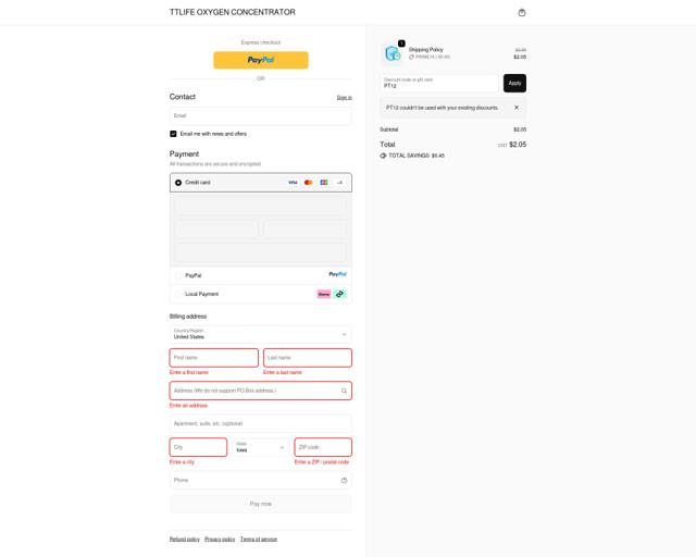 TTLife Oxygen Concentrator checkout page showing TTLife Oxygen Concentrator promo code box | Screenshot taken by SimplyCodes community member on Oct 6, 2025