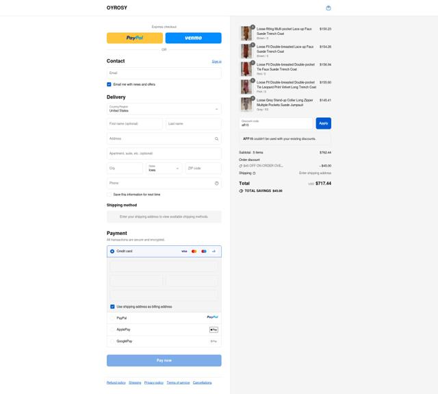 Oyrosy checkout page showing Oyrosy discount code box | Screenshot taken by SimplyCodes community member on Sep 12, 2025