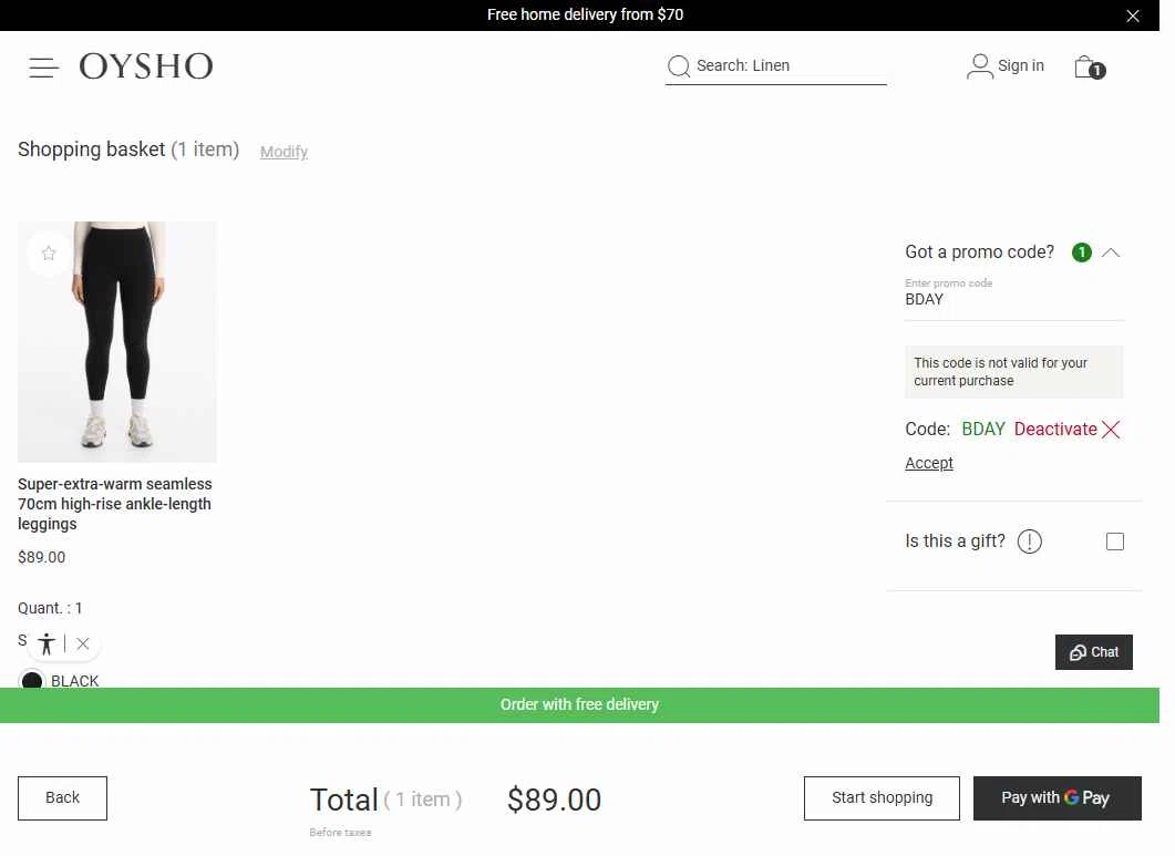 OYSHO US checkout page showing OYSHO US promo code box | Screenshot taken by SimplyCodes community member on May 19, 2025