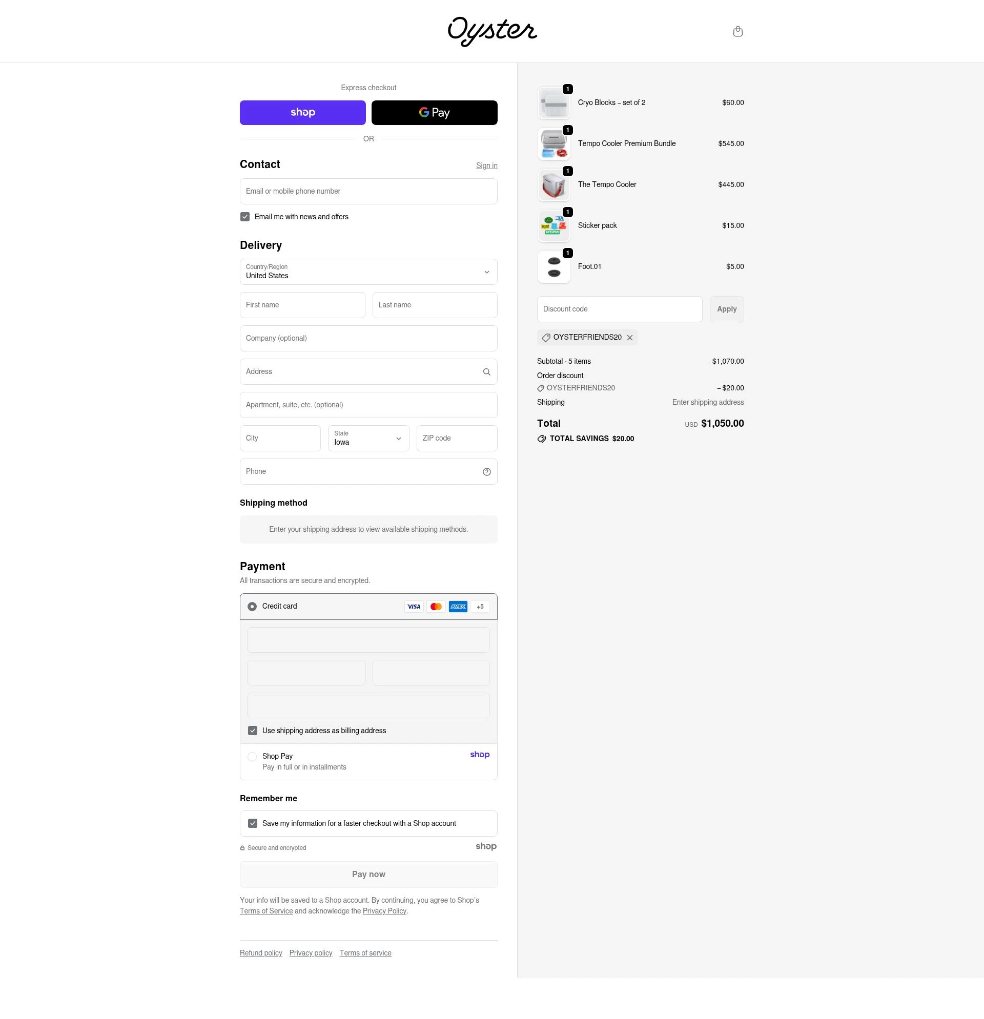 Oyster Cooler checkout page showing Oyster Cooler discount code box | Screenshot taken by SimplyCodes community member on Oct 21, 2025